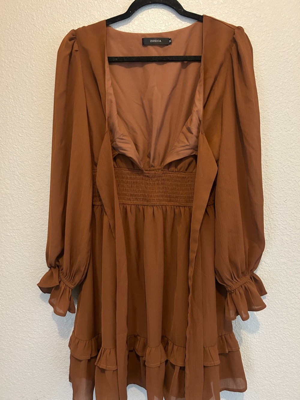 ZESICA brown -Front Long Sleeve Smocked-Waist Dress size M - Picture 2 of 10